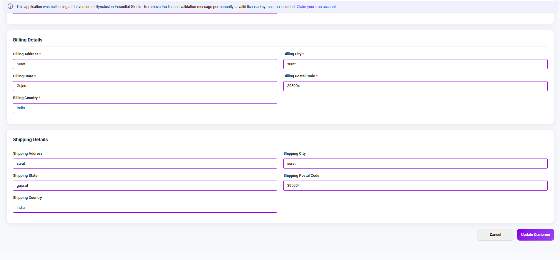 Edit customer form – shipping info