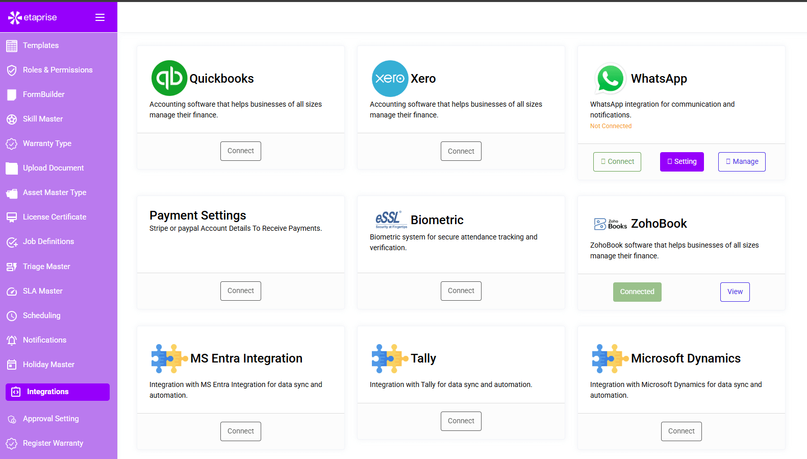 Settings Integrations page showing Zoho Books connected