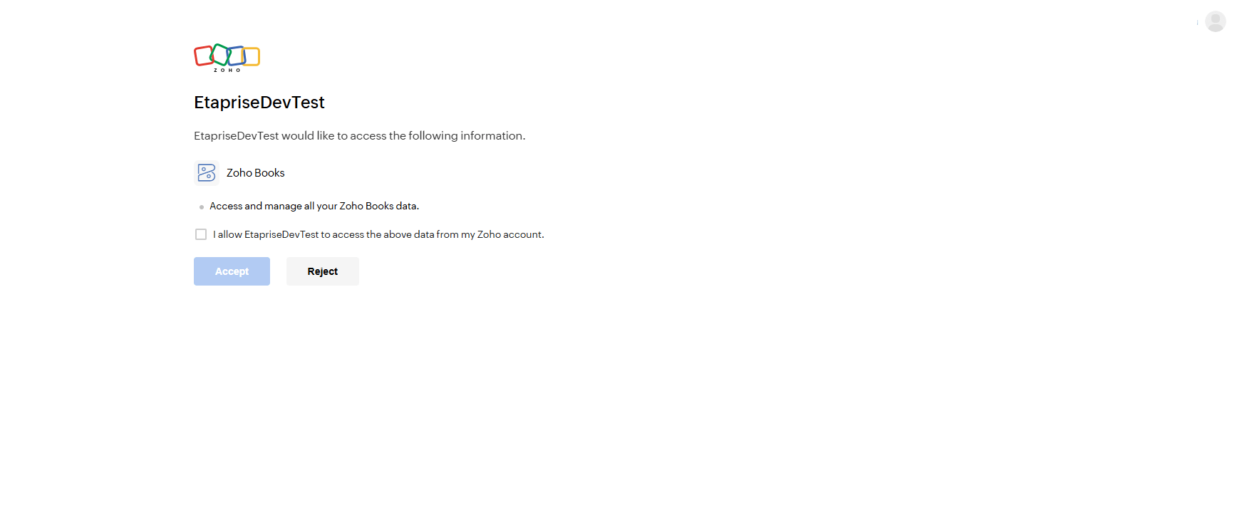 Zoho Books permission grant screen