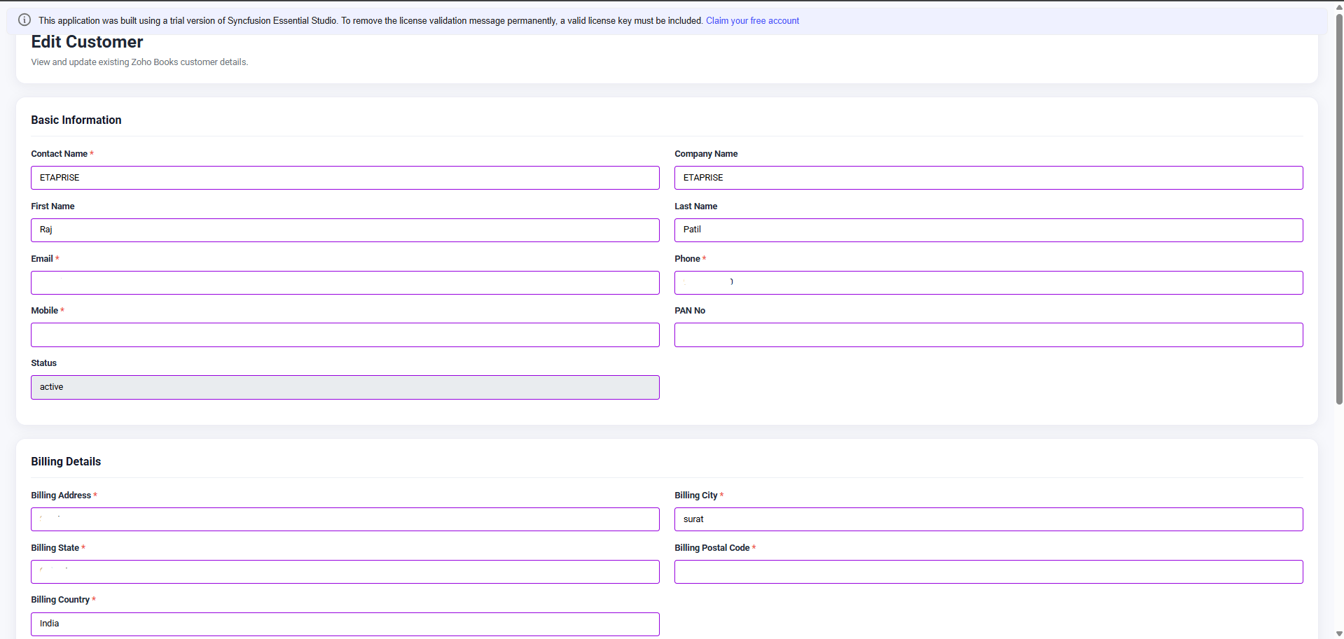 Edit customer form – basic and billing info