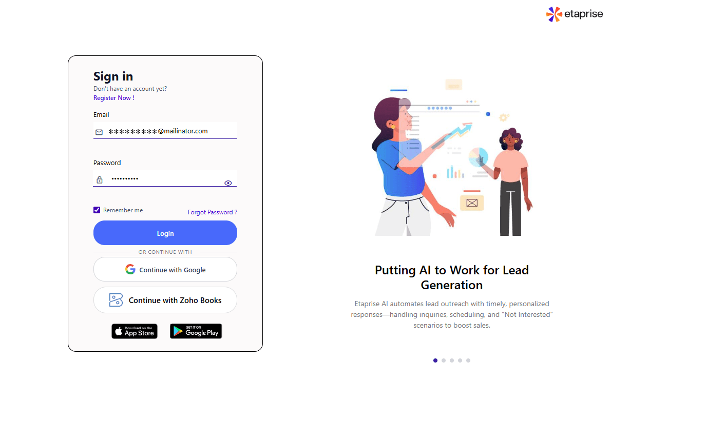 Etaprise login page with Continue with Zoho Books button