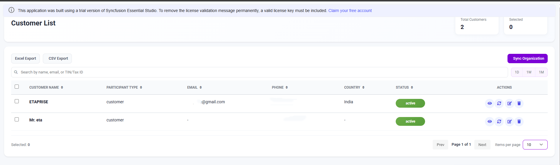 Customer list page with available actions