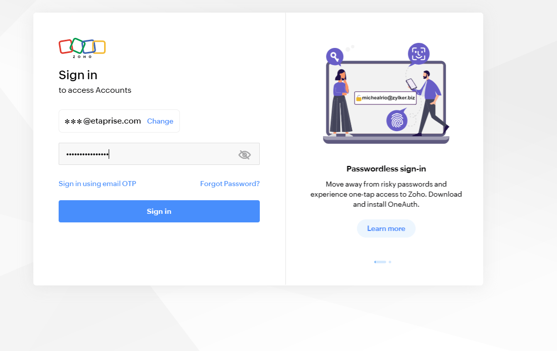 Zoho Books authentication screen